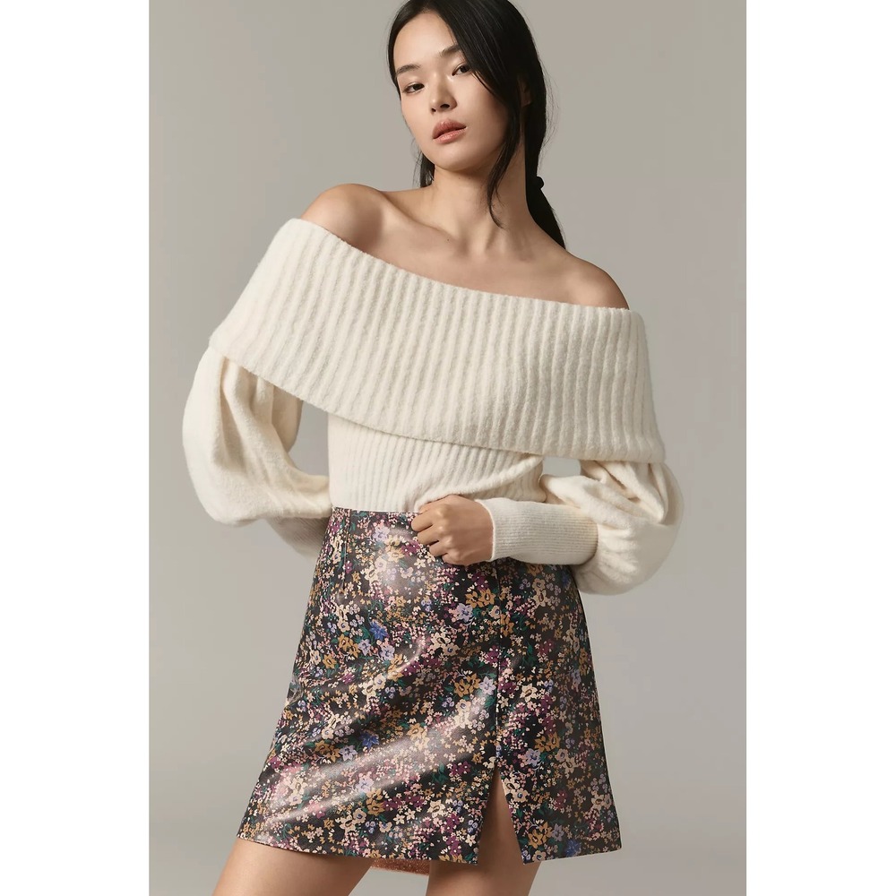 Maeve Anthropologie Gemma Floral Faux Leather Mini Skirt Purple OB2134648 8 NWT